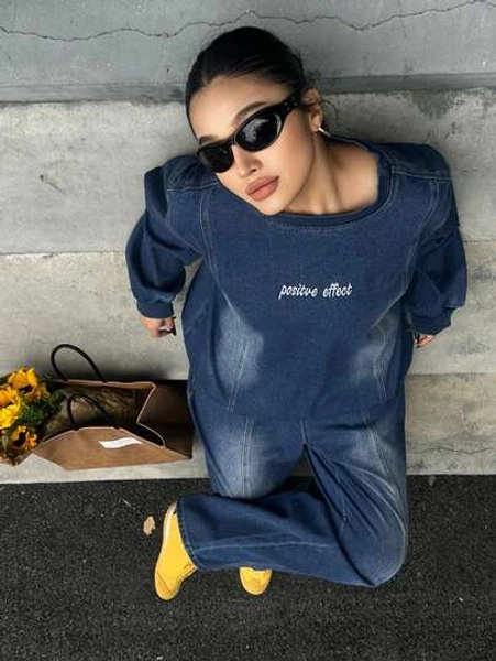 Dazy Plus 2pcs Washed Blue Letter Embroidery Loose Long Sleeve Top And Pants Plus Size Women Denim Set, Spring/Autumn