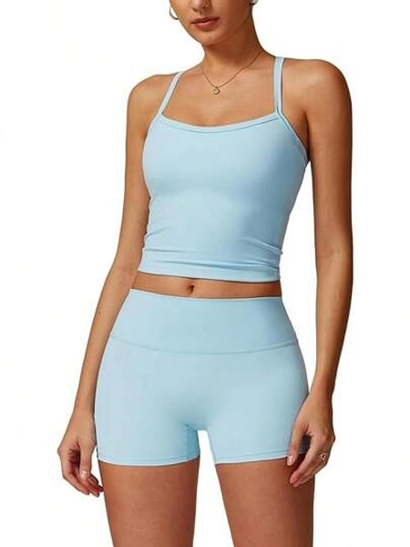 Women's Yoga Outfits Backless Strappy Sports Bra And High Waisted-Lifting Shorts Matching Workout Set