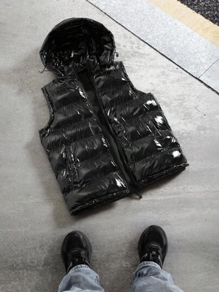 Manfinity EMRG Men's Winter Quilted Zip-Up Hooded Sleeveless Padded Vest Puffer Vest Black Vest Men Gilet Men Hooded Vest, A Great Gift For Your Boyfriend Men Hooded Vest Vests