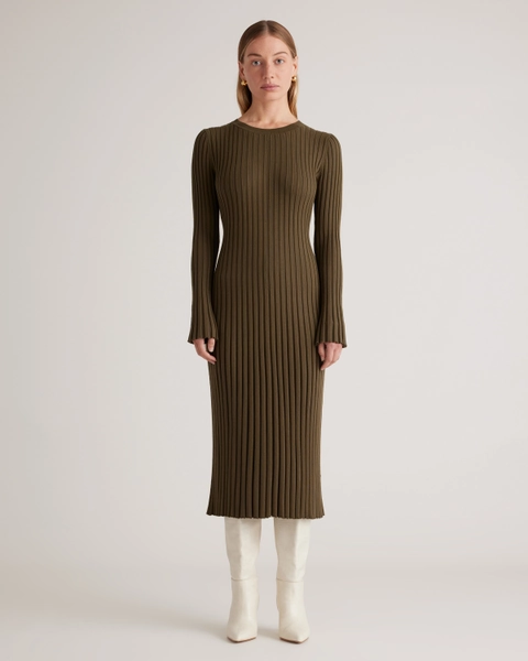 Cotton Cashmere Ribbed Long Sleeve Crew Midi Dress in Olive