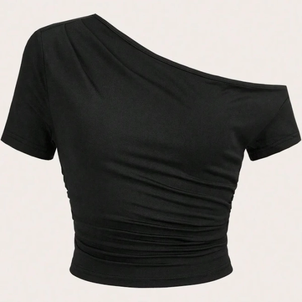 SHEIN Asymmetrical Neck Ruched Side Crop Tee