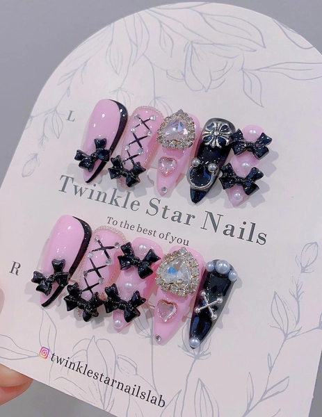 Stiletto Bling Crystal Heart With Cute Bows Press on Nails | Fancy Nails | Kawaii Nails | Pink Nails | Salon Quality Nails | Yyz1335 - Etsy