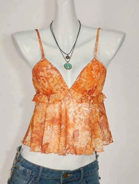SHEIN ICON Women Plant Print Ruffle Hem Camisole Tank Top For Holiday,Rave Top
