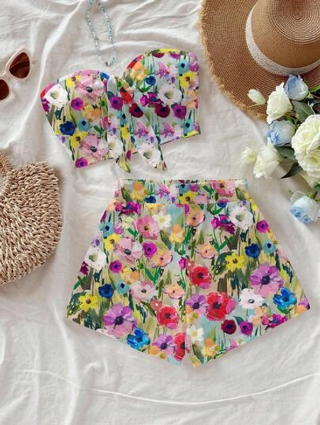 Soleia Multicolor Floral Print Micro Crop Bandeau And Shorts Set In Soft Knitted Fabric Floral 2 Pieces Set 2 Pieces Set Summer Two Pieces Set Women Multicolor Multicolor Floral Two Pieces Set