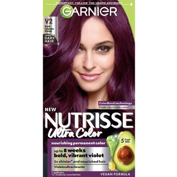 Garnier Nutrisse Nourishing Color Creme - V2 Dark Intense Violet: For All Hair Types, Includes Gloves, Permanent Hair Color