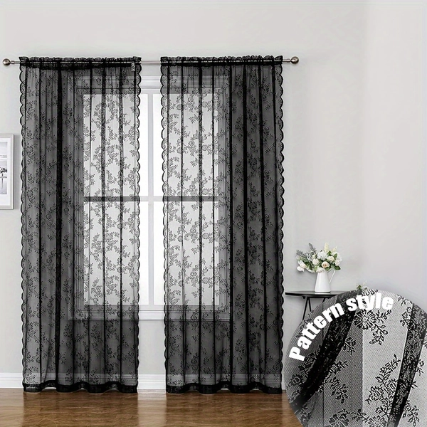 [1pc Black Lace Curtain] 1pc Semi-Sheer Black Vintage Floral Lace Curtain Panel | 100% Polyester Wrinkle-Resistant Elegant Home Decor, Light Filtering Rod Pocket Window Drapes for Living Room, Privacy Window, Intricate Lacework