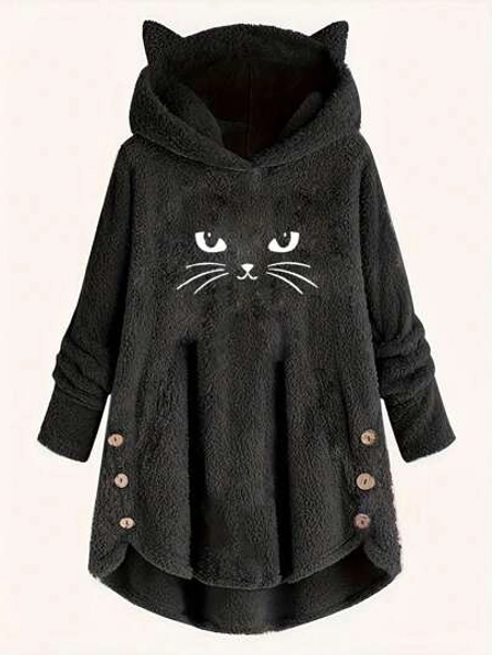 Women's Fashionable Reversible Fluffy Embroidered Cat Ear Casual Hoodie