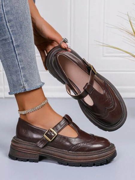 Women's New Lolita Fashion Chunky Heel Loafers, High Quality Leather French British Style Mary Jane Shoes, Valentine's Day Heart Serrated Edge, Heart-Shaped Vamp, Metal Buckle Flats, Retro Round Toe Loafers, New College Business Formal Commuter Flat Shoes In Brown