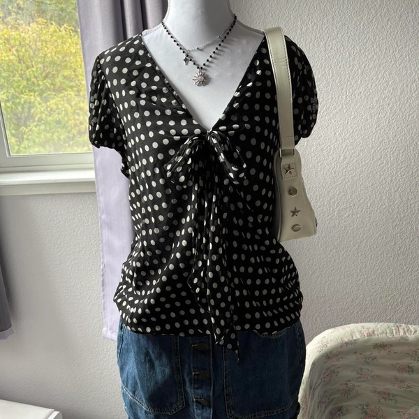 ❀ super cute whimsy black and white polka dot blouse...