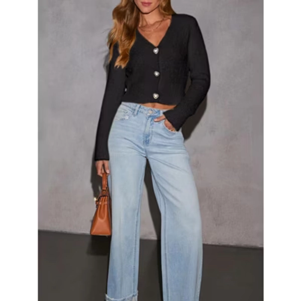 Cropped Cardigan Sweaters for Women Long Sleeve V Neck Knit Short Cardigan Button Up Sweater Trendy Fall Outfits Black S
