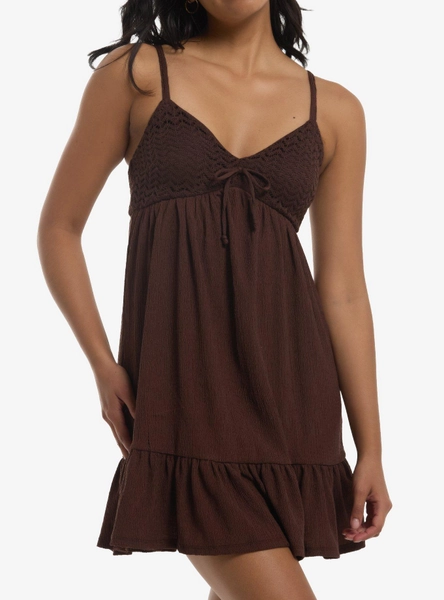 Brown Knit Tiered Babydoll Mini Dress