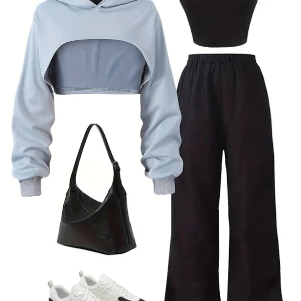 Pre Teen Girls Irregular Cropped Hooded Sweatshirt and Camisole Set