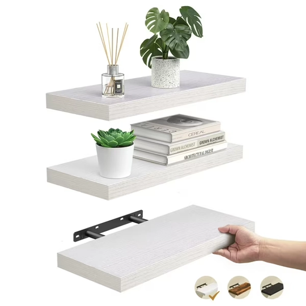 Ophanie 16 inch 3 Pack Wood Floating Shelves, Hanging Float Shelf for Bathroom, Bedroom, Living Room, Kitchen with 22lbs Capacity, Wall Mounted Decorative Shelves, 16 x 6.7x 1.1 Inch, Set of 3, White