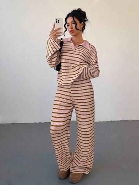 Siren Gaze Women's 2pcs Set Loose Striped V-Neck Drop Shoulder Long Sleeve T-Shirt &Elastic Waist Striped Pants, Winter Sweater Suit ,Autumn/Winter,Cozy Fall And Winter Clothes For Women Thanks Giving Pink