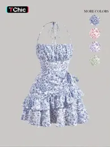 Women's Ditsy Floral Print Ruffle Trim Tie Front Tie Back Cami Dress, Boho Style Backless Tiered Layer Halter Neck Short Dress for Beach Holiday Vacation, Ladies Summer Clothes