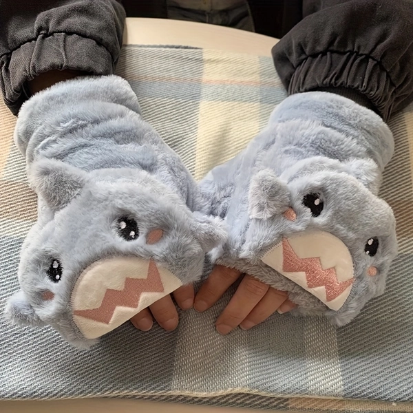 [Women's Multi-Color Gloves] 1pc Cute Winter Gloves | Women's Multi-Color, Men's Autumn/Winter, Flip-Top Couple's Little Shark Thickened Plush-Lined, Student Cold-Proof Cycling Warm, Suitable for Daily Wear