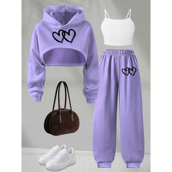 Fashion Set for Girls, Three-Piece Trendy "Heart" Print Series: Hooded Sweatshirt + Camisole Top + Long Pants with Heart Pattern, Perfect for