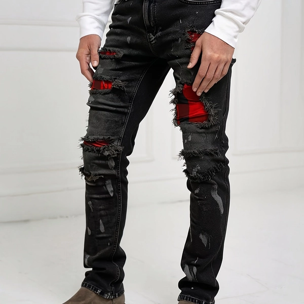 HME 2025 Autumn/Winter *'s Casual * Fit Distressed Ripped Ripped Jeans with * Straight Legs, Fashionable and Versatile, Comfortable for * with YKK Zipper Closure, Machine Washable - Street Style Semi-Formal Trousers
