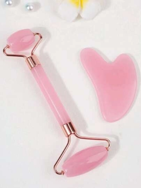 1 /2 Facial Beauty Massage Tool Set, Made Of Resin, Including Roller Massager And Scraper, Suitable For Body And Back, And Available In Pink/White. Hair Accessories