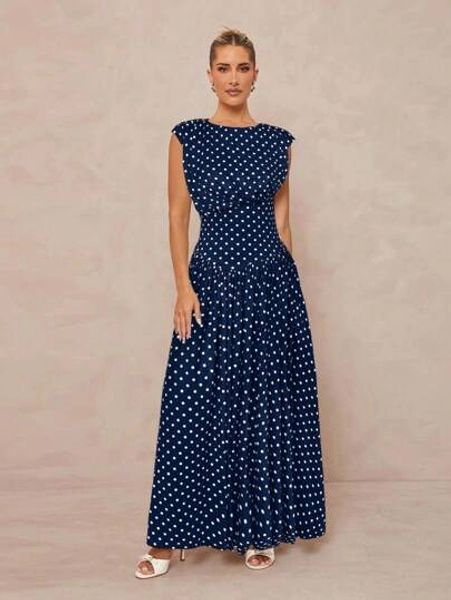 Lumalex Polka Dot Print Boat Neck Waist Cinched Dress For Women