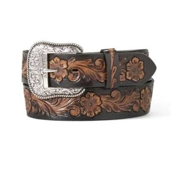 ARIAT Women's Floral Leather Belt with Antique Silver Buckle