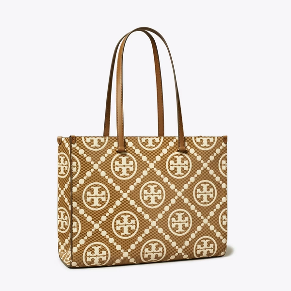 T Monogram Contrast Embossed Tote in brown, size OS