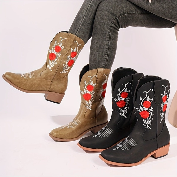 [Personalized Gifts] Elegant Women's Boots, Classic And Fashionable Embroidered Mid-Tube Boots, Western-Style Black Mid-Heel Boots, Personalized Gifts for Women, Single-Layer Boots Suitable for Spring And Autumn Wear, Comfortable And Versatile Women's Wide-Width Shoes