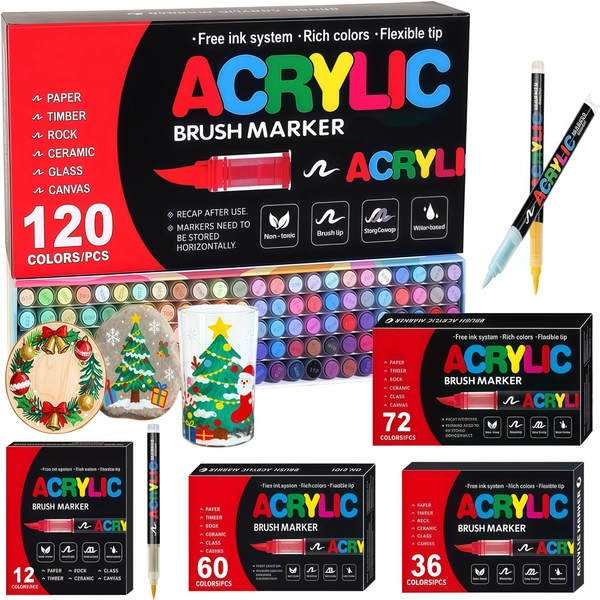 12/36/60/72/120pcs Acrylic Paint Markers, Brush Tip Acrylic Paint Pens, Quick-Drying Waterproof Ink, For Rock Painting Plastic Wood Canvas Glass Ceramic Metal Art Crafts Supplies Gift