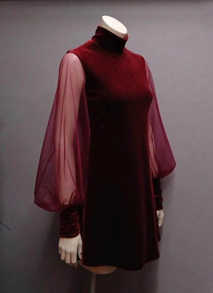 60s Velvet Dress, Mod, Bishop Sleeves 1960's Day Dresses Mini Space Age,vintage retro inspired, illusion Sheer Turtleneck XS-XL petite tall