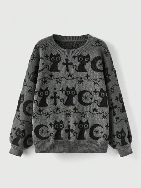 ROMWE Goth Cartoon Pattern Drop Shoulder Pullover Sweater, School,Long Sleeve Tops