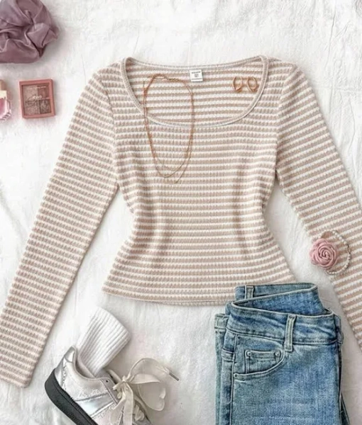 SHEIN Teenage Girls' Fitted Scoop Neck Long Sleeve Striped Tee
