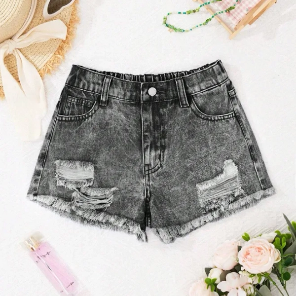 SHEIN Tween Girl Y2k Low Waist Ripped Raw Hem Denim Shorts