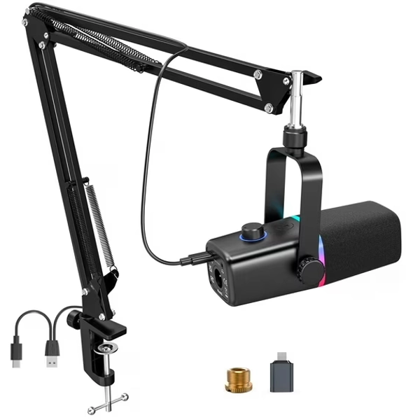 ZealSound XLR/USB Dynamic Microphone for Gaming Podcast,Mic for iPhone Phone PC Computer Gaming Streaming Microphone with RGB Light,Mute Button,Mic Gain,Headphones Jack,Boom Arm Stand,Singing YouTube