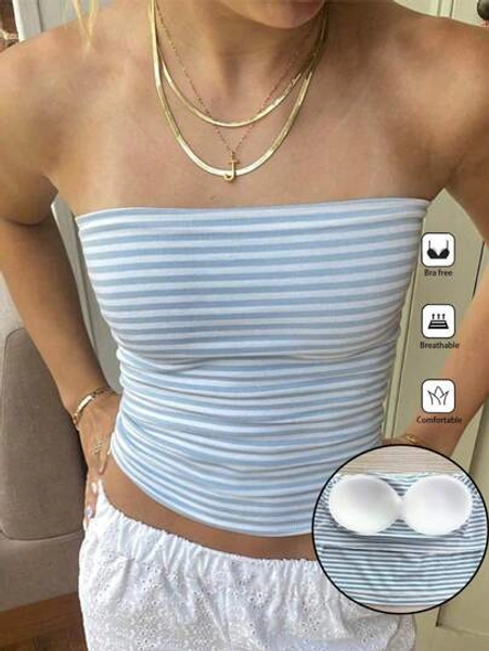SHEIN PETITE Women Striped Strapless Crop Top, Fitted And Versatile