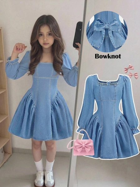 SHEIN Tween Girls 3D Bow Light Blue Denim Short Dress