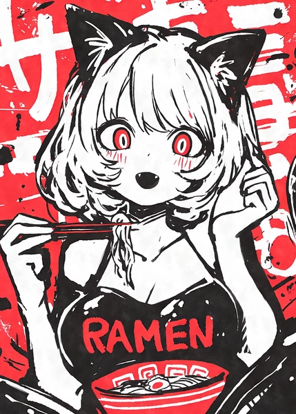 'Anime Cat Girl Eating Ramen' Poster, picture, metal print, paint by Masaki | Displate