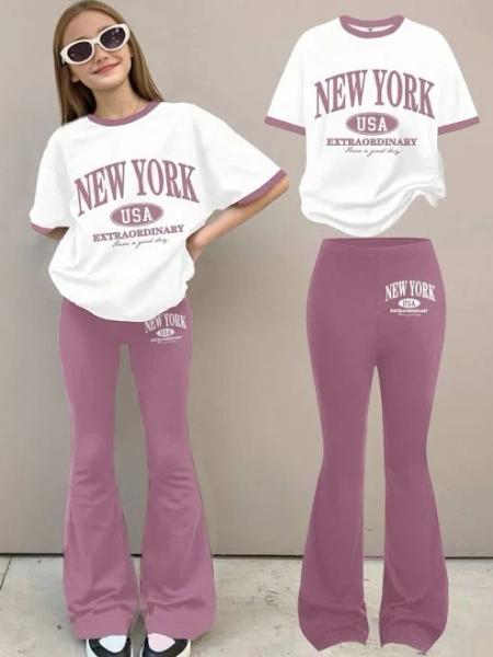 SHEIN Tween Girls Letter Print Top Flare Pants