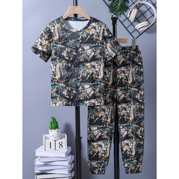 Boys' short sleeved and long pants set, with jungle camouflage print full of childlike fun and adventure. The short sleeved design is simple, and the long pants have a neat shape, making it comfortable and stylish for children to wear., Perfect for Outdoor