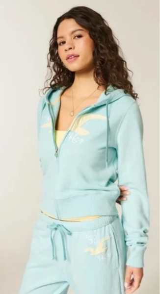 Hollister Turquoise Terry Logo Graphic Zip-up Hoodie