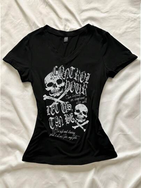 StreetHx Women's V-Neck Tight T-Shirt, Skull Punk Subculture Anime Print Short Sleeve V-Neck - Size L