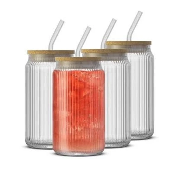 JoyJolt Fluted Glass Tumblers with Bamboo Lids and Straws