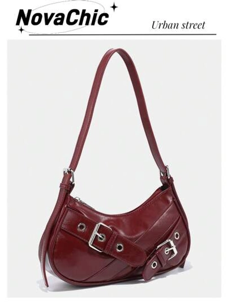 1pc Vintage Wine Red Patent Leather Y2K Gothic Style Shoulder Bag With Rivet Decoration For Women, Suitable For Daily Use And Travel, Tready Crescent Moon Bag For Women, Fashionable Burgundy Bag, Retro Inspired Bag For Women, 2000s Fashion Style Bag For Women, Vintage Bag For Women, Halloween Purse Perfect For Fancy Party Halloween Fashion & Gothic Fashion