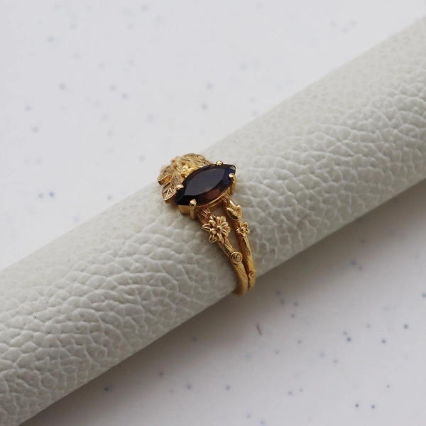 Vintage Smoky Quartz Engagement Ring, Marquise Shape Brown Quartz Ring, 14K Gold Filled Ring, Women's Ring, Nature Inspire Ring, Leaf Ring