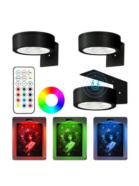 3Pcs Picture Light Battery Operated, 13 RGB Color Magnetic Led Art Display Light For Picture Frame Artworking, Wireless Painting Light With Remote Control, Party Home Wall Decor Puck Light , Black-RGB