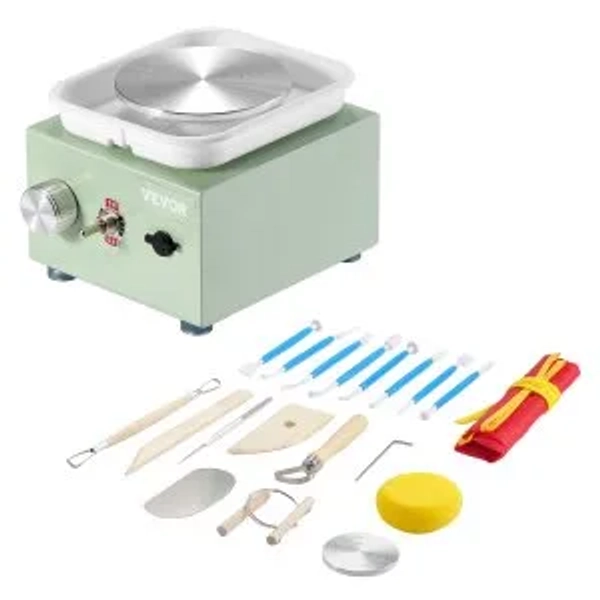 VEVOR Mini Ruota per Ceramica 0-320 Giri/min Macchina per Stampaggio di Bacino Staccabile, Velocità Regolabile, 2 Piatti Girevoli Ruota per Ceramica Elettrica, Mini Tornio di Ceramica 18 Pezzi Verde