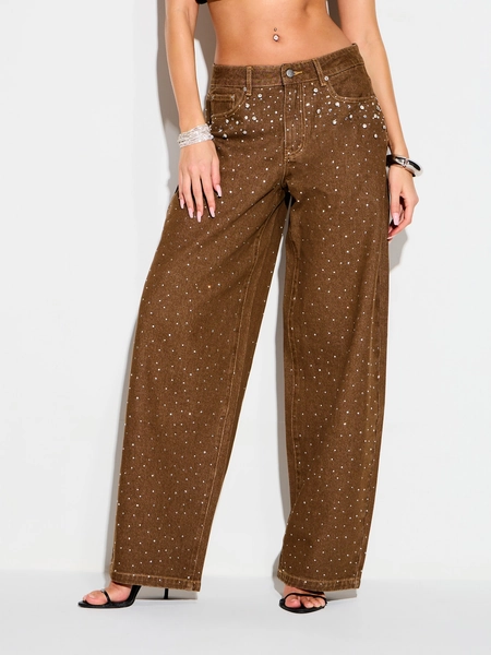 KIZN Women's High Rise Brown Diamante Embellished Wide Leg Palazzo Jeans With Rhinestone Studs And Sparkling Crystal Details