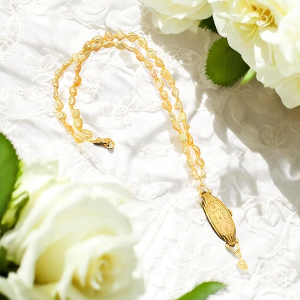 1844. Pink Keshi Pearl Necklace with Vintage/Italian Gold Timepiece Pendant.