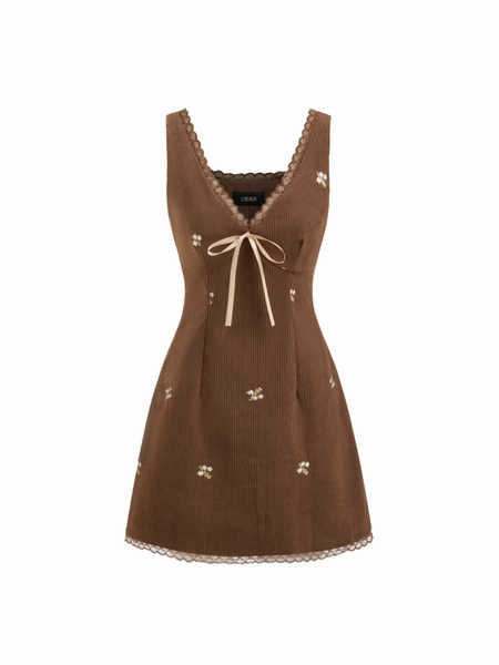 LRG Corduroy Floral V-neck Lace Trim Bowknot Mini Dress