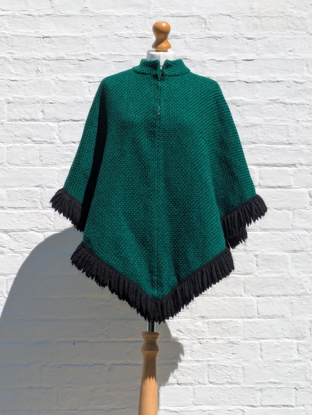 Vintage 1960s 1970s Emerald Green Wool Poncho Cape With Black Wool Fringing