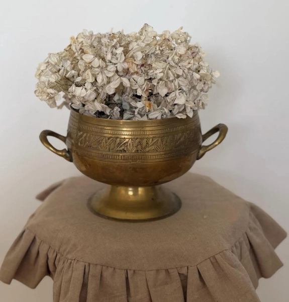 Vintage Brass Pedestal Planter / Cachepot – Etched Floral Bowl with Handles